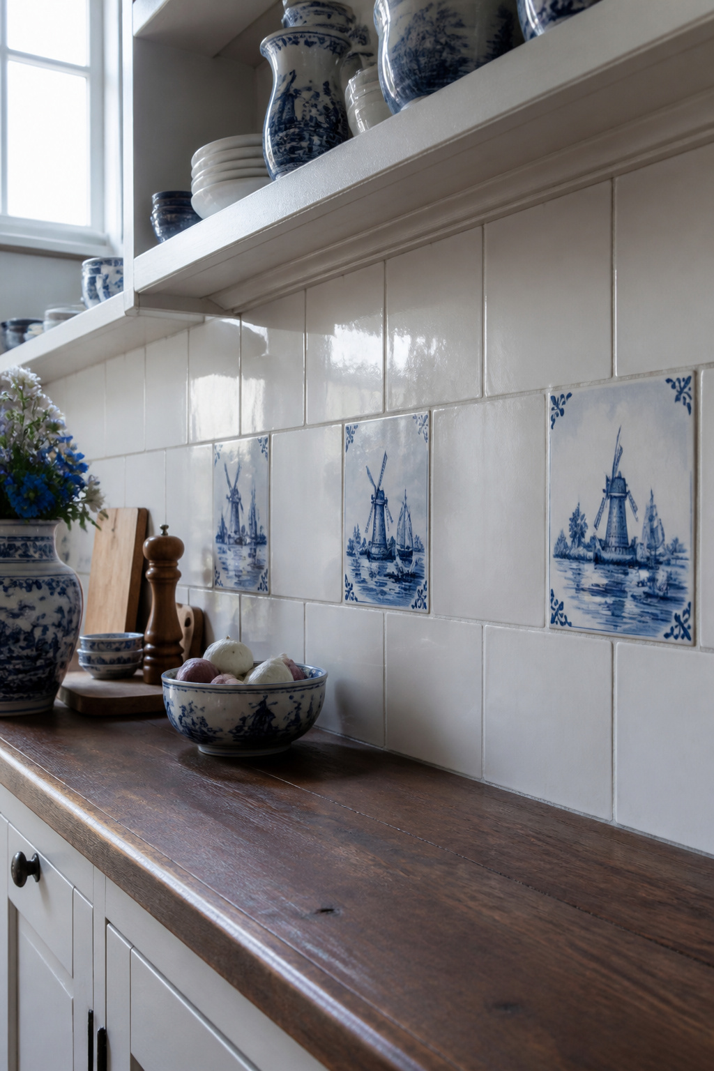 Hand-painted Delft tiles as individual insertions in a plain white field — the period-correct application, not an all-over pattern.