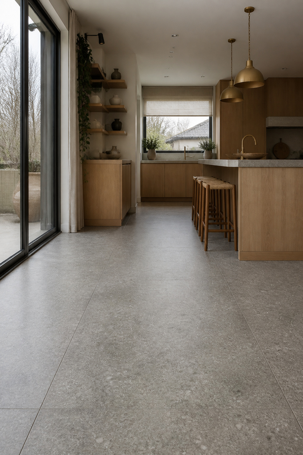 Large-format concrete-look porcelain with rectified edges and 2mm joints — the warmth from the oak shelving and brass pendants is doing the work that prevents this from reading as a commercial fit-out.