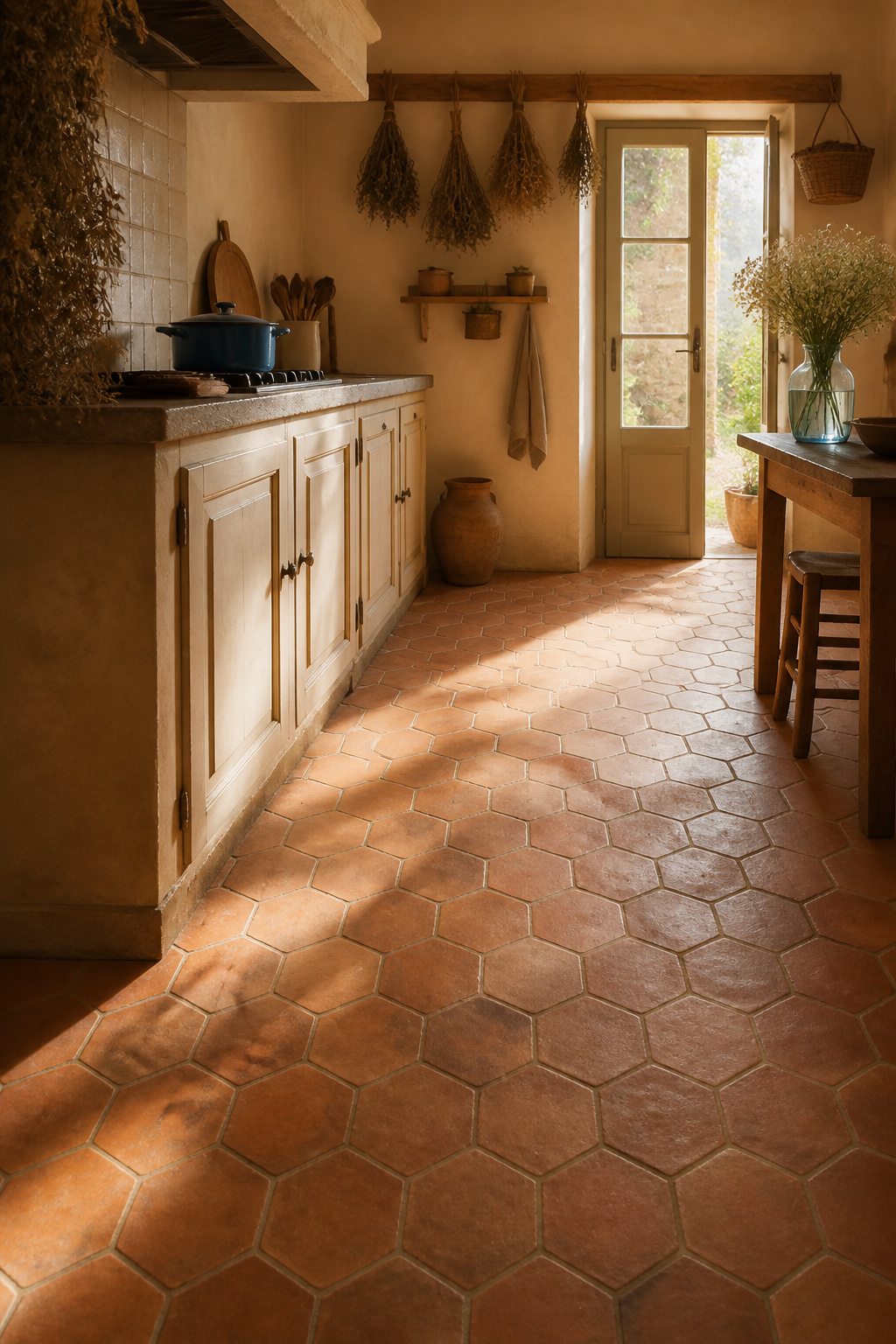 French tomette terracotta in a Provençal kitchen, sealed with a penetrating impregnator — the warmth comes from the iron content in the clay, not from any surface treatment.