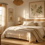 A wellness-designed bedroom where botanical and botanical-inspired bedroom art prints work together with natural materials and warm lighting to create a genuinely restorative space.