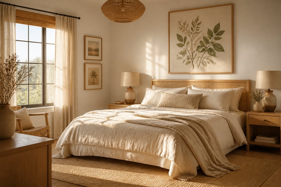 A wellness-designed bedroom where botanical and botanical-inspired bedroom art prints work together with natural materials and warm lighting to create a genuinely restorative space.