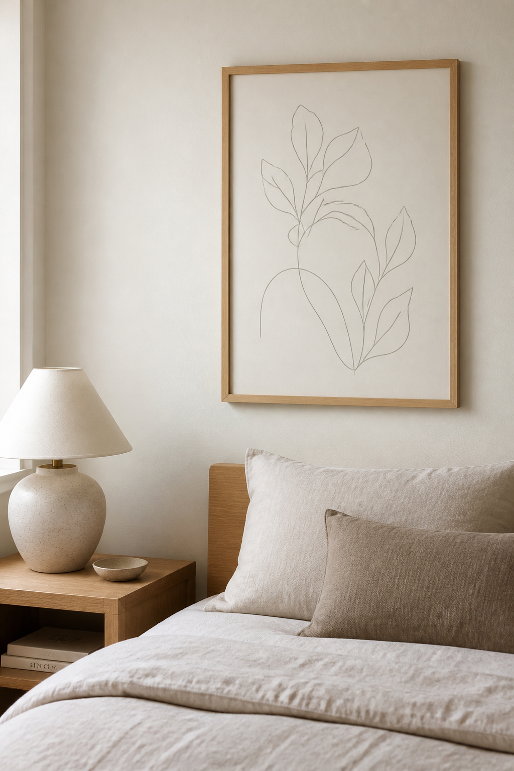 A minimalist botanical line art print in warm grey keeps this Japandi-influenced bedroom visually quiet without feeling empty.