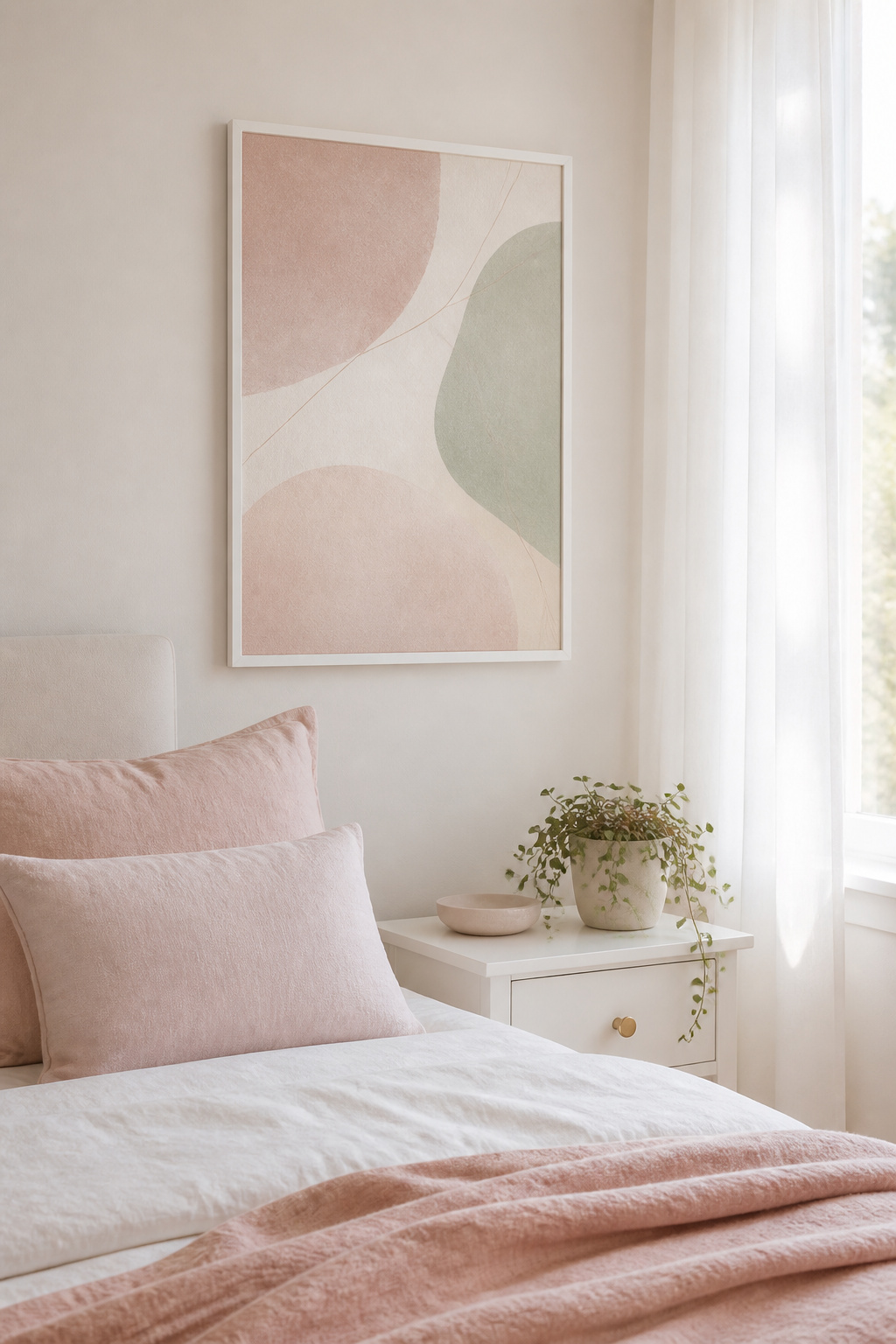 A soft pastel abstract bedroom art print in blush and sage adds gentle colour to this restful bedroom without raising the room's visual temperature.