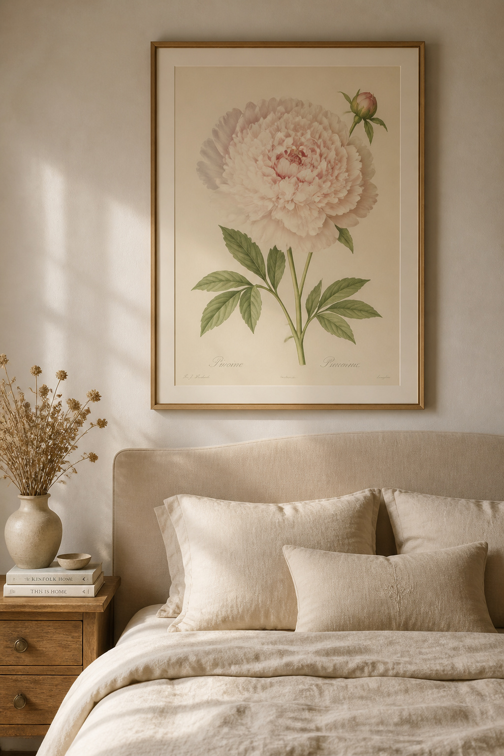 A large-format watercolour botanical print anchors this serene bedroom, bringing biophilic calm to the space above the bed.