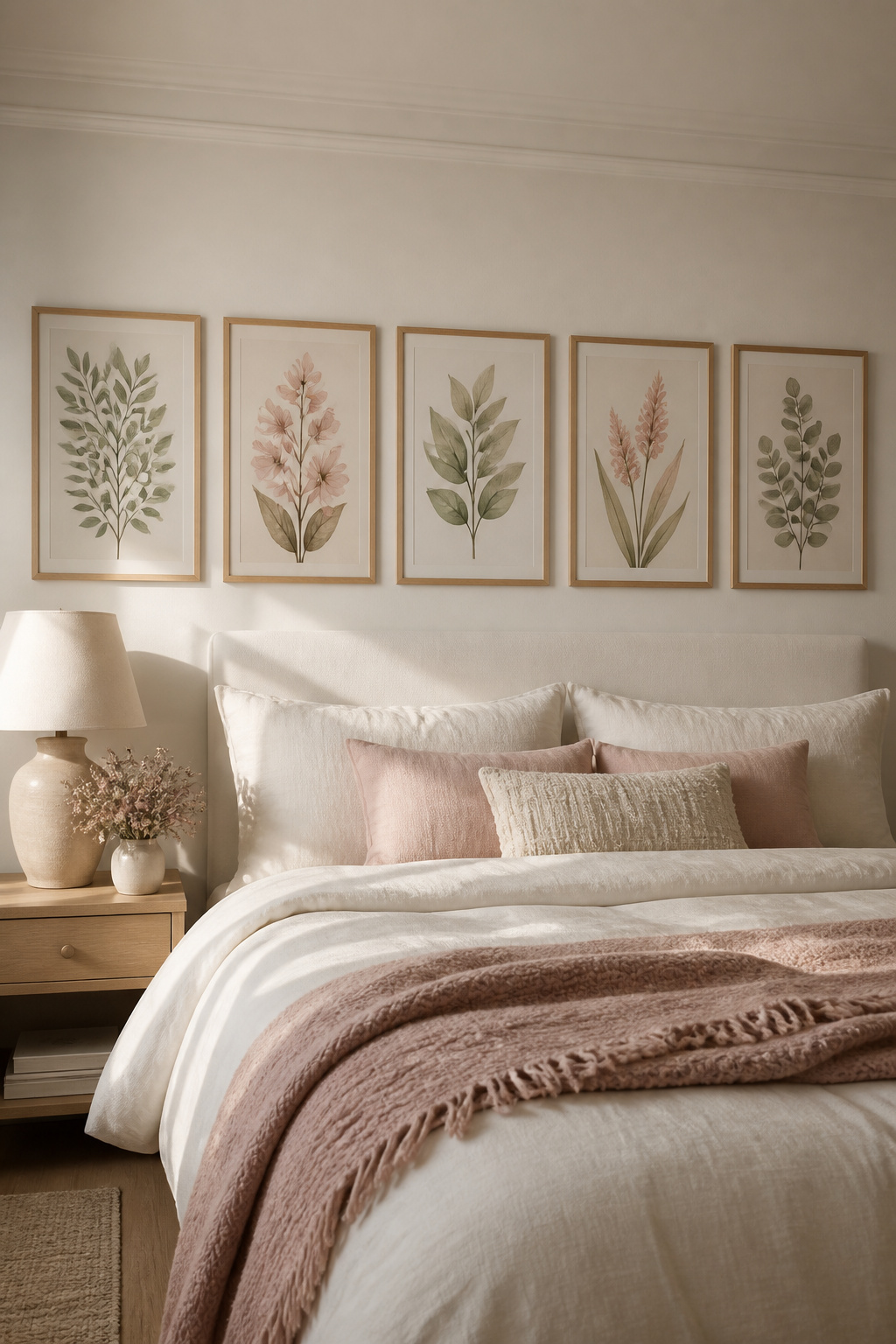 Five coordinating botanical bedroom art prints in matching frames create a curated gallery wall that adds personality without visual chaos.