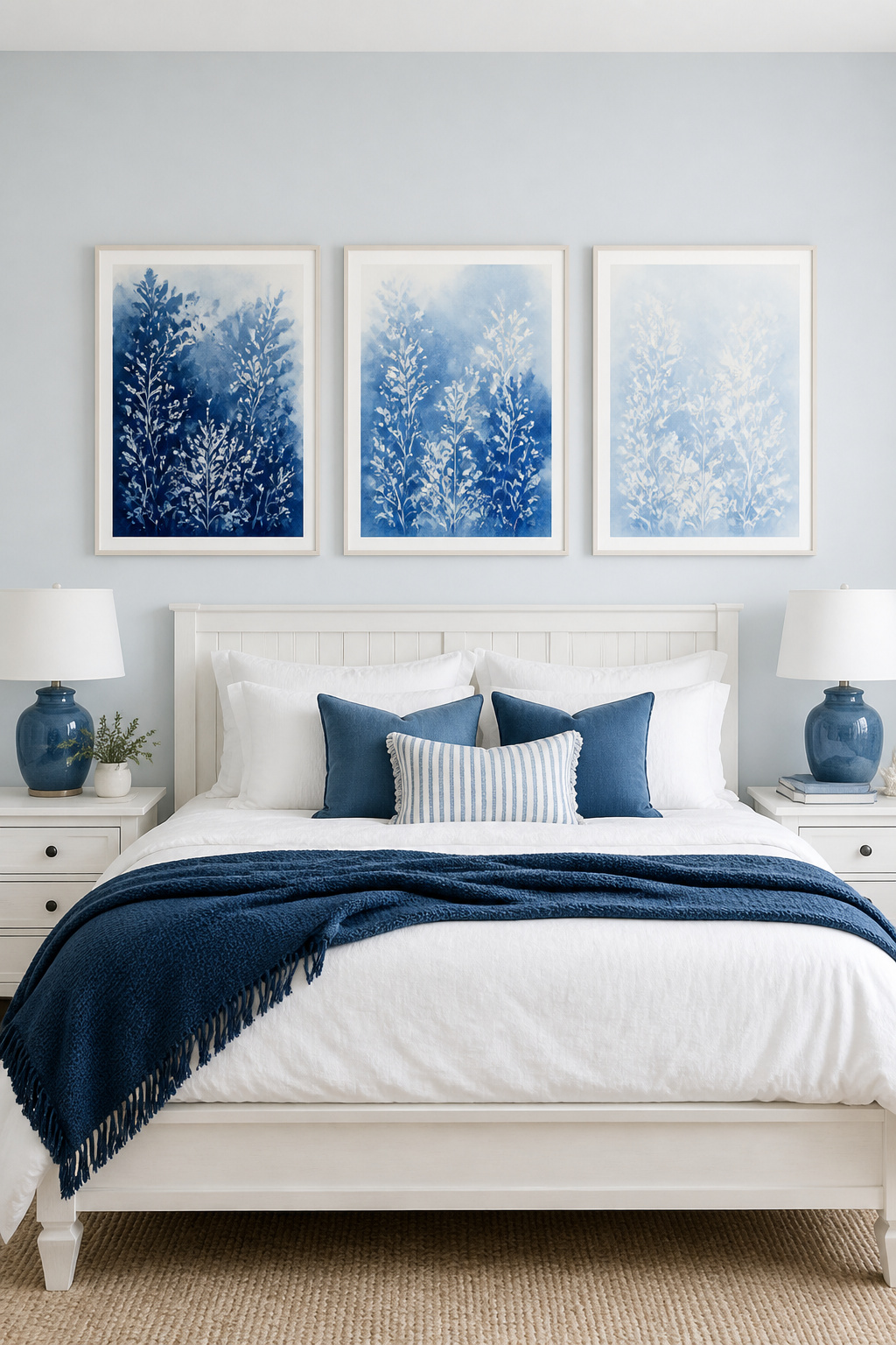 Three blue-toned bedroom art prints in a monochromatic suite — navy through to pale sky — create visual harmony that individual mixed prints cannot.