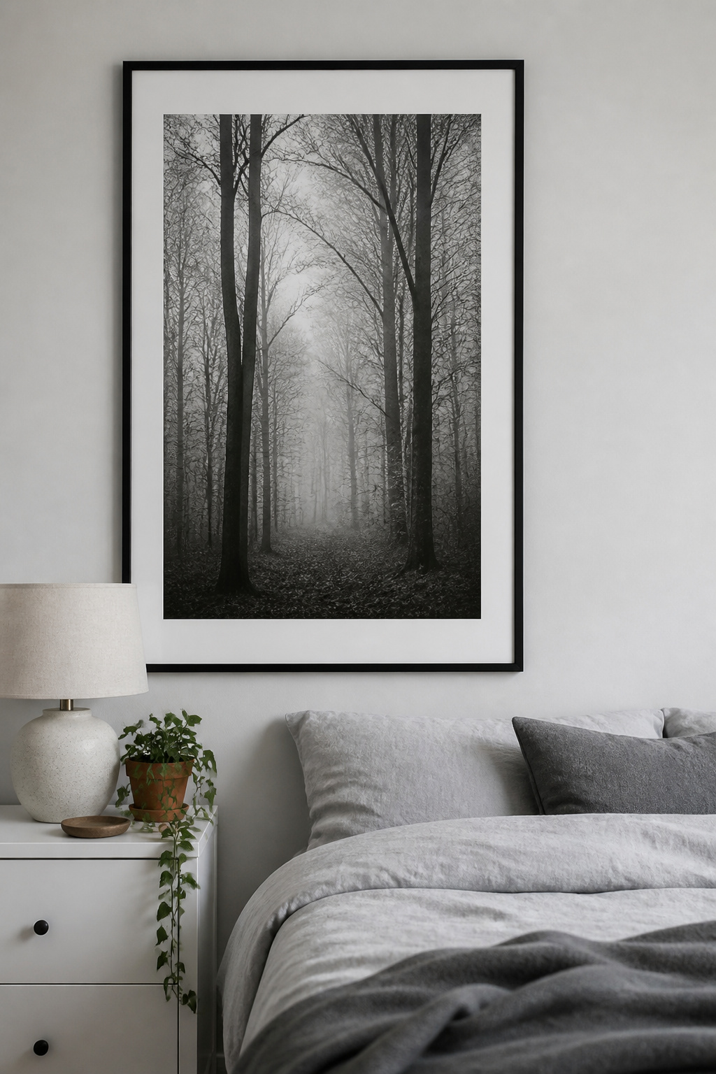 A large-format black and white forest photograph brings biophilic calm to the bedroom in the most colour-neutral format possible — a bedroom art print that adapts to any future palette change.