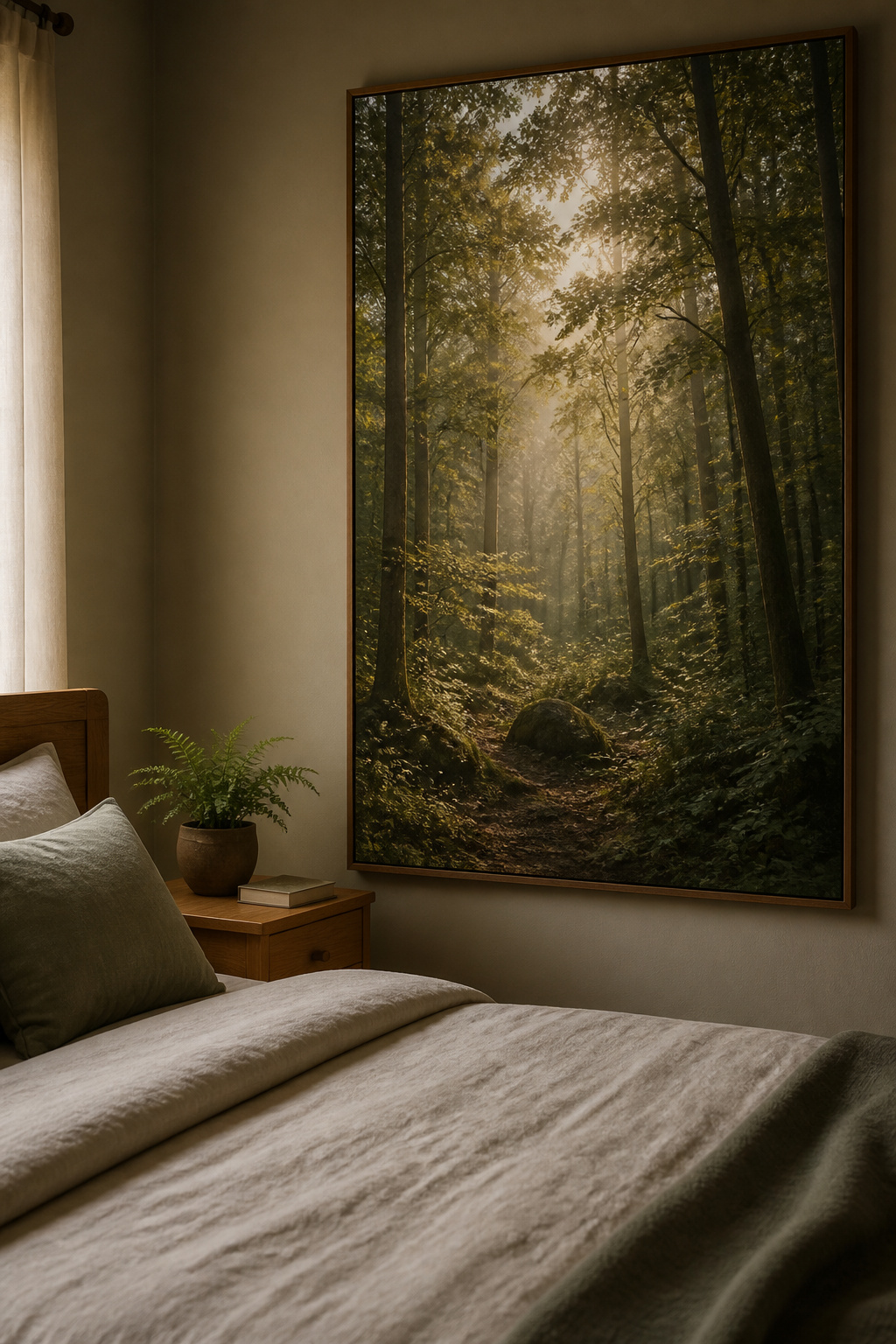 A misty forest bedroom art print beside the bed creates a 'view from the pillow' effect — a biophilic proxy for the real thing, with genuine research backing.