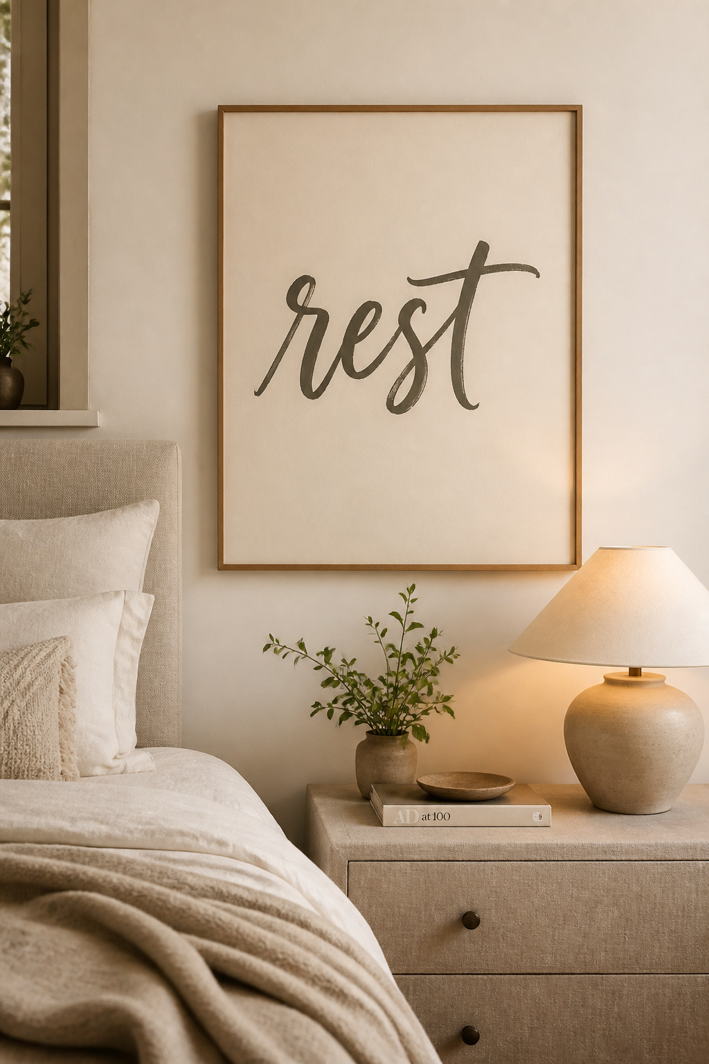 A single-word handlettered text bedroom art print — 'rest' in warm charcoal calligraphy — serves as a quiet nightly reminder of the room's purpose.