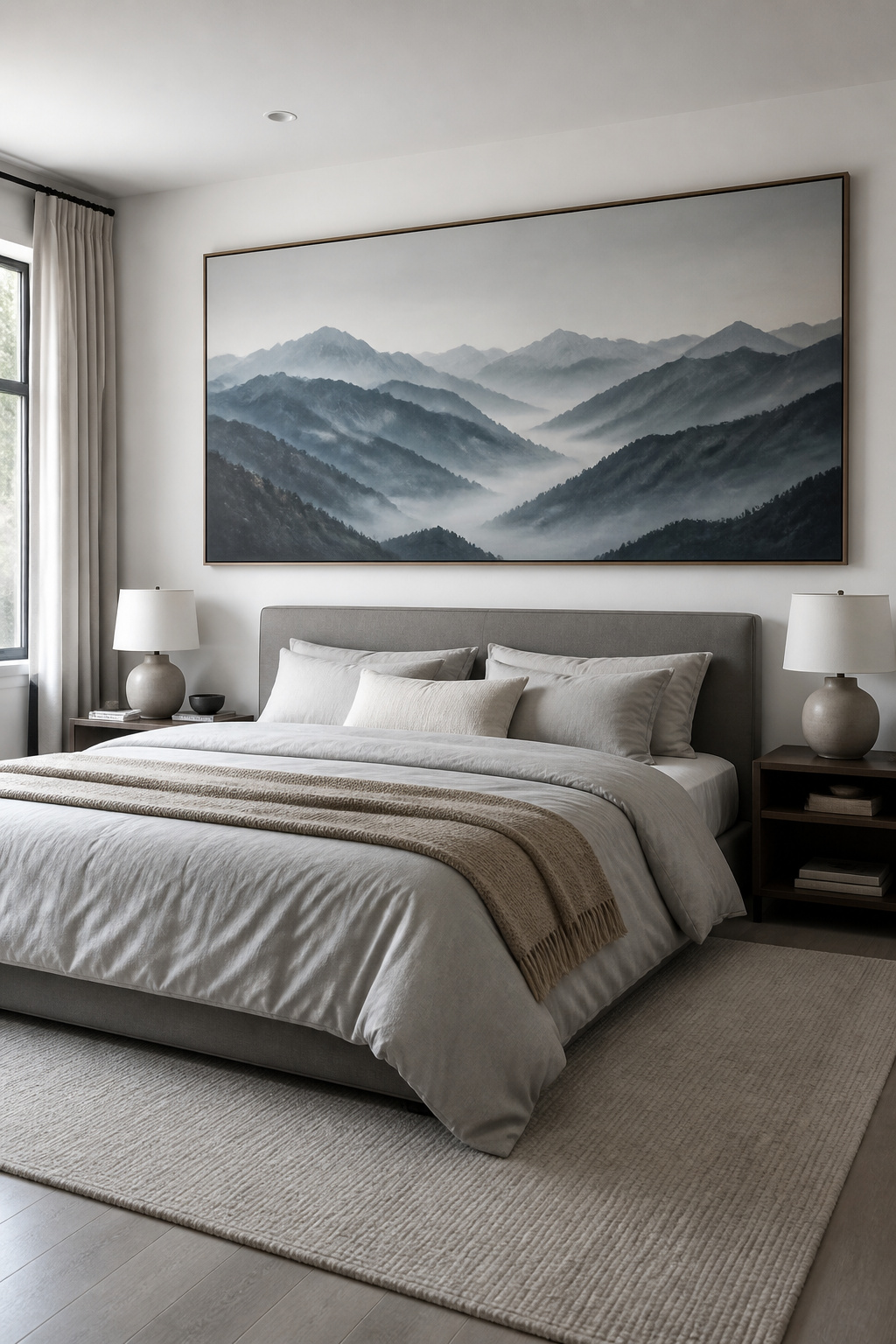 An oversized landscape bedroom art print at queen-appropriate scale anchors the entire room — the 2/3 rule in practice, executed well.