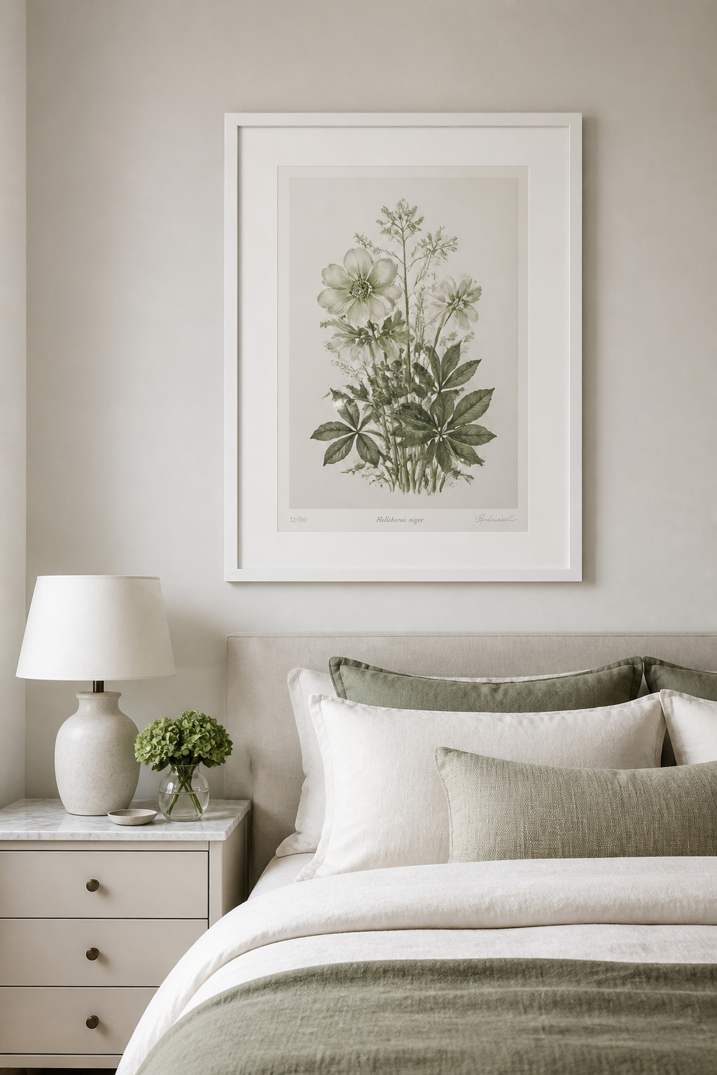A limited-edition giclée bedroom art print in a wide-mat frame — the difference in quality over a standard print is visible in person and worth the investment.