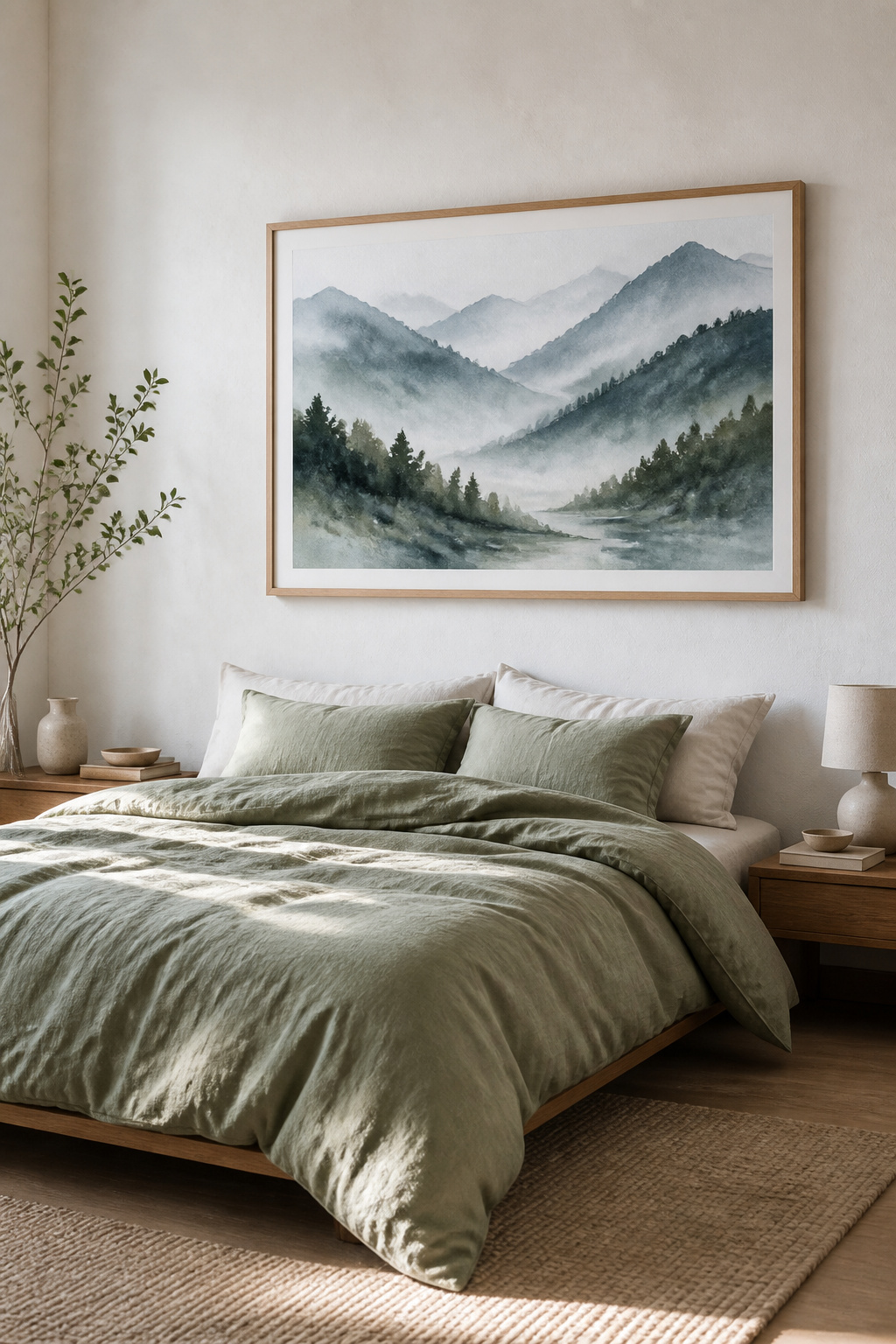 A soft watercolour mountain landscape brings cool, muted calm to the bedroom wall — one of the most restful bedroom art print choices for a sleep-focused space.