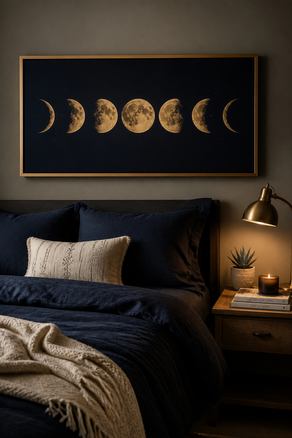 A gold-on-navy moon phase bedroom art print connects the space to natural sleep rhythms — beautiful and grounded in genuine circadian research.