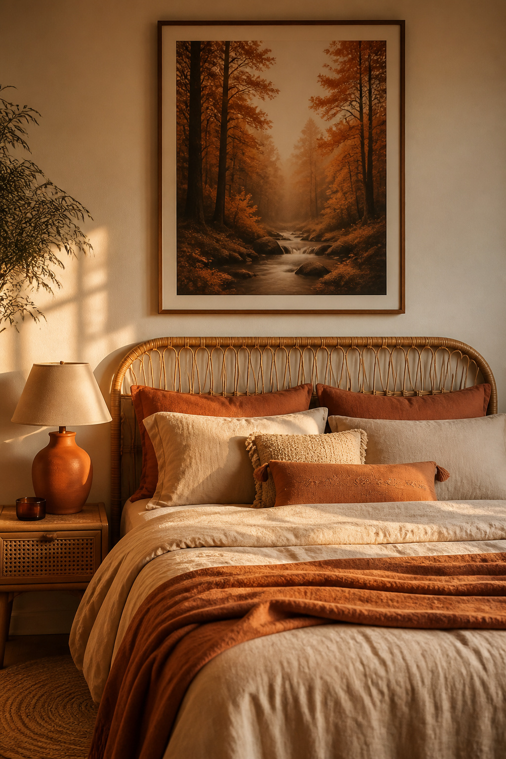 An earth-toned autumn woodland bedroom art print ties together the warm linen and rattan palette of this grounding bedroom.