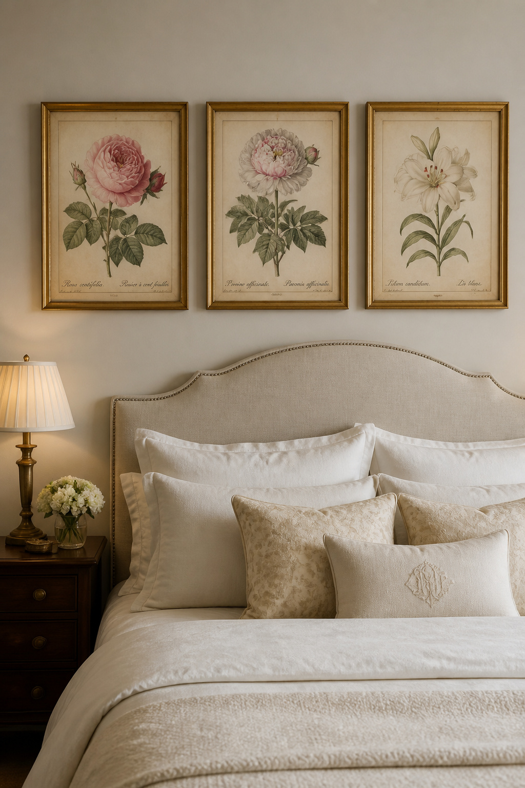 Three Redouté-style botanical bedroom art prints in matching aged gold frames create a collected, layered feel above the bed — art that looks like it belongs rather than was just hung.
