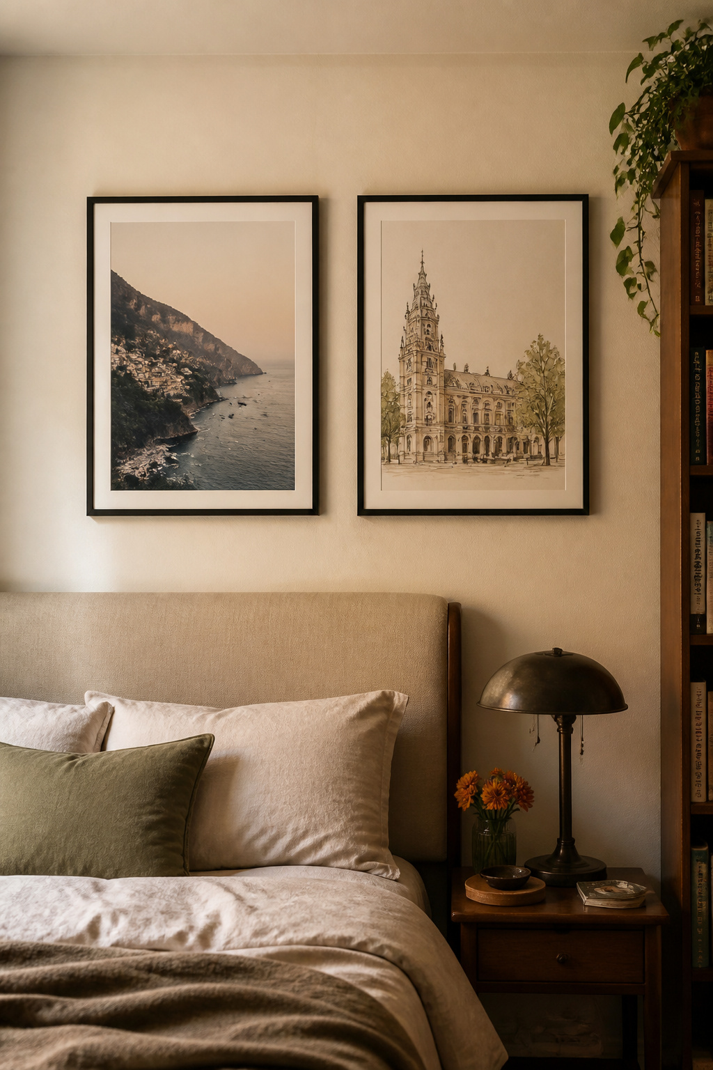 Two personally meaningful bedroom art prints — a travel photograph and a custom illustration — carry more lasting comfort than aesthetically chosen but impersonal art ever could.