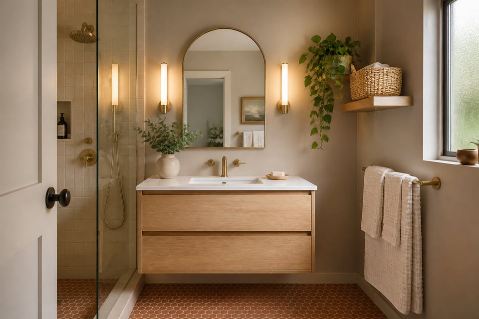 A complete small bathroom decor palette — warm paint, floating vanity, arched mirror, natural materials, and biophilic greenery — showing how each element reinforces the others to create a cohesive, calming space.