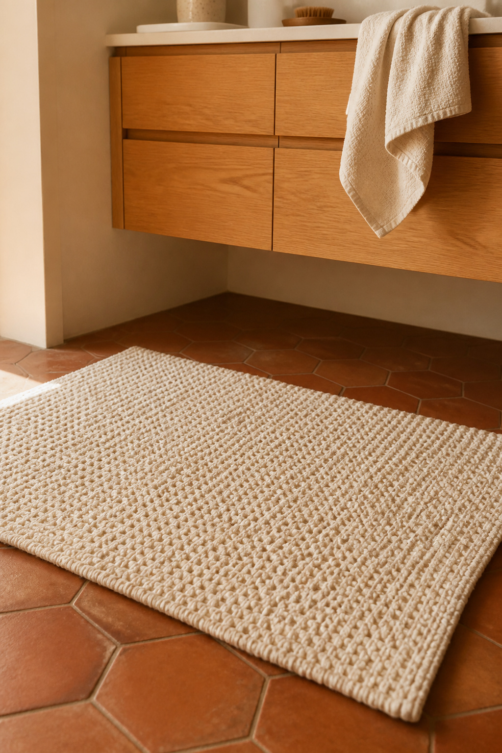 An undyed organic cotton bath mat provides the warm landing zone that cold tile never can — OEKO-TEX certification ensures the mat is free of the dyes and finishing agents that damp skin absorbs most readily.
