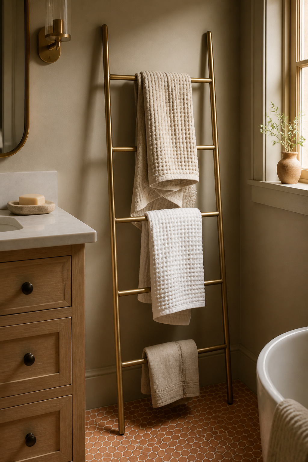 GOTS-certified organic cotton and linen towels in undyed naturals transform the sensory register of a small bathroom — the woven texture absorbs sound, softens hard surfaces, and ages beautifully.