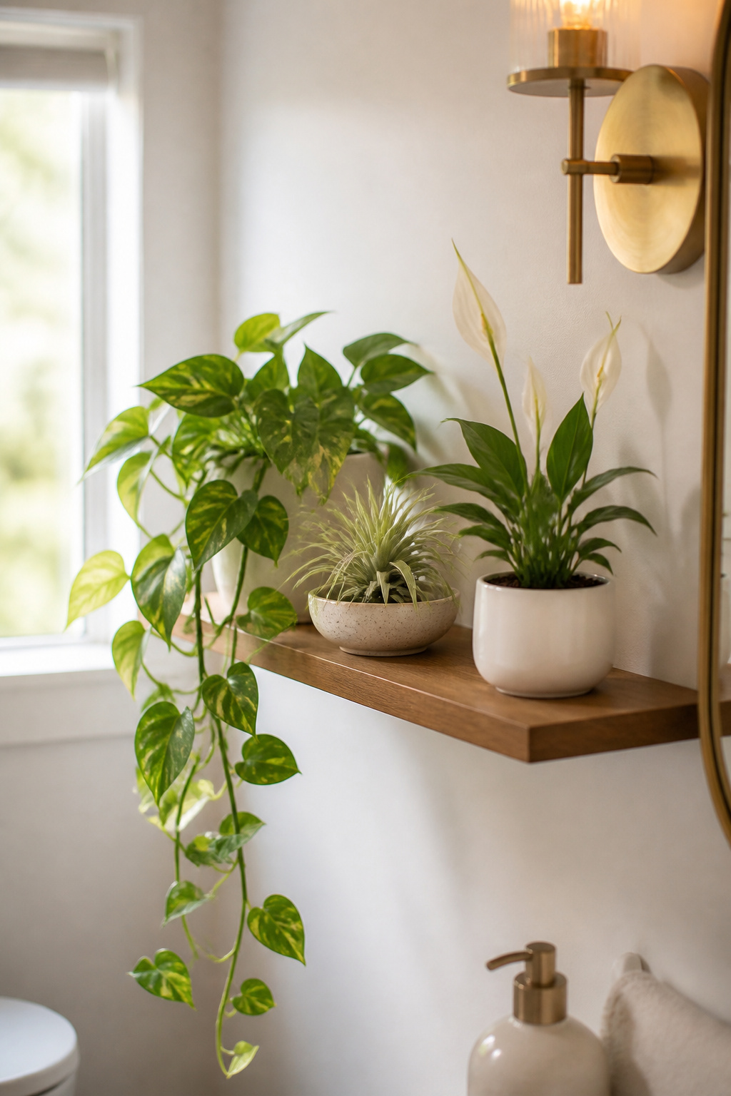Peace lily, pothos, and air plants are the three best bathroom plant choices — all tolerate low light and high humidity and add genuine biophilic warmth to hard-surfaced small spaces.