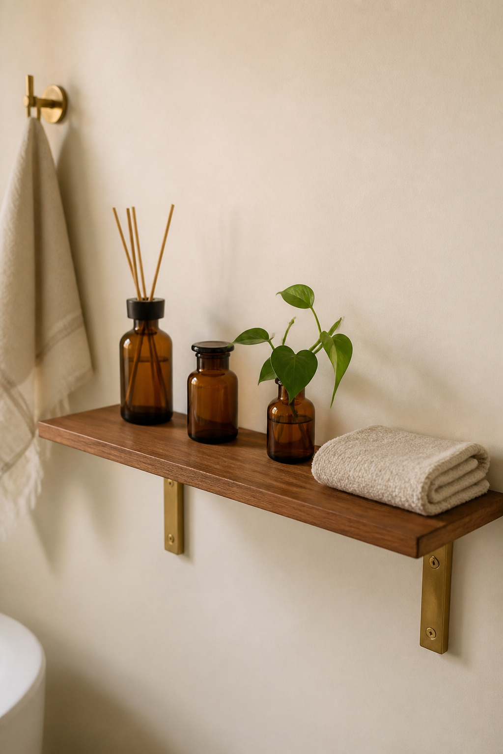 The discipline of open shelving pays off in small bathrooms — only daily items, decanted into matching vessels, with each object earning its visible position.