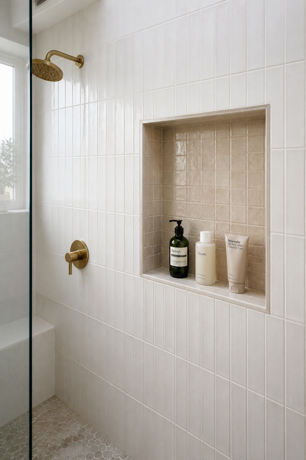 A recessed shower niche built with the Schluter KERDI system sits flush with the wall plane — architecturally clean when empty, clutter-free when in use, and waterproof by design.