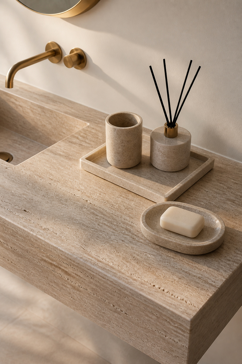 A coordinated travertine accessory set — soap dish, tray, tumbler, and diffuser base — transforms a bathroom vanity from functional to genuinely spa-like without any structural work.