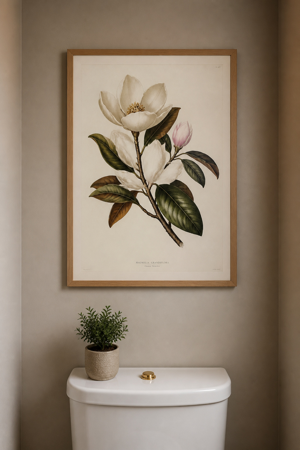 A single overscaled botanical print above the toilet gives the eye one clear destination — in small bathroom decor, one strong piece does more work than a gallery wall of smaller ones.