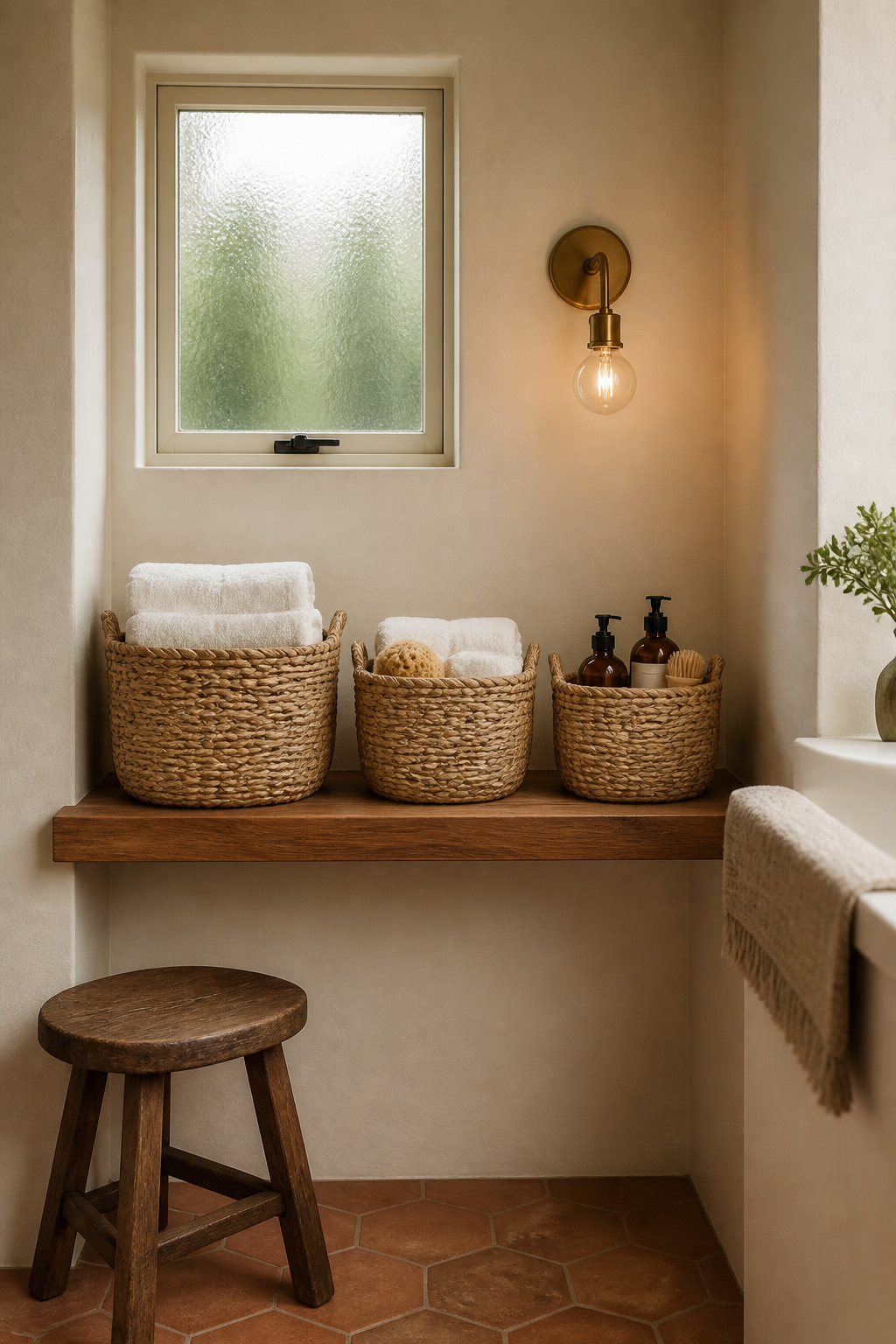 Natural seagrass baskets bring the organic warmth of biophilic materials into a hard-surfaced bathroom, absorbing light and sound while providing practical open storage.