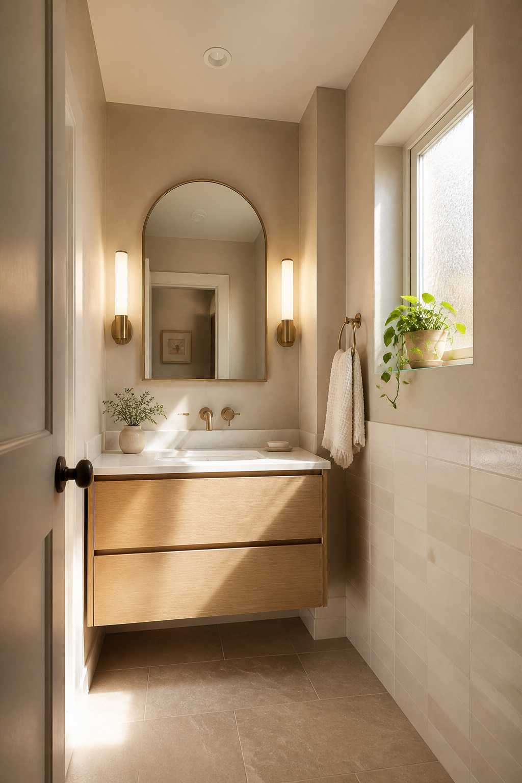 Warm greige wall paint transforms a small bathroom from clinical to calm — the key is choosing undertones that read warm under artificial light, not just in a showroom.