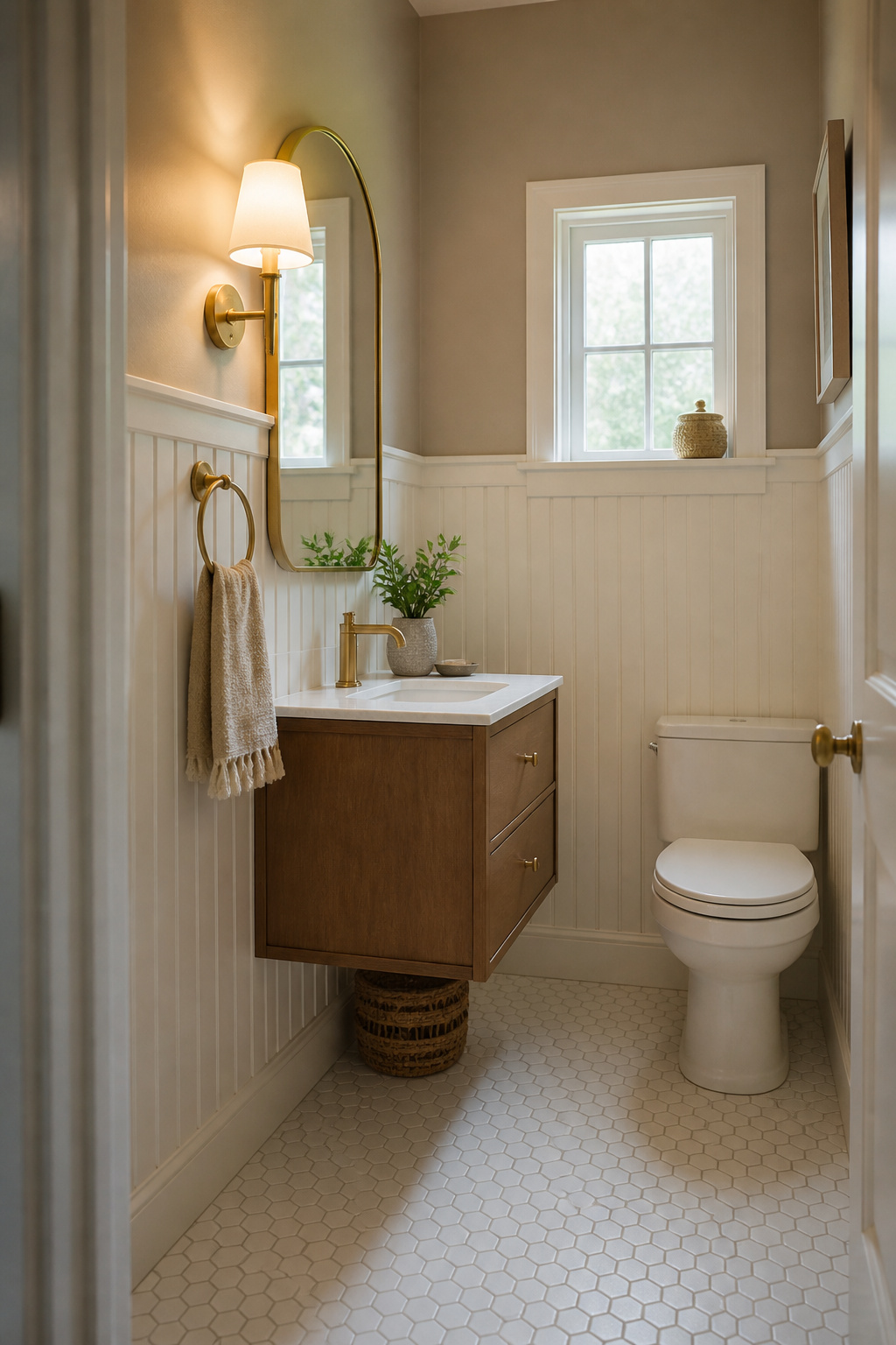 Beadboard wainscoting introduces vertical rhythm and architectural depth to a small bathroom's walls — the panel line creates a visual datum that ties the space together without adding mass.