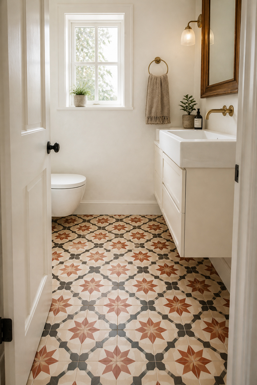 A patterned cement tile floor anchors the whole room visually — the walls stay calm and the floor carries all the design interest, which is exactly the right division in a small bathroom.