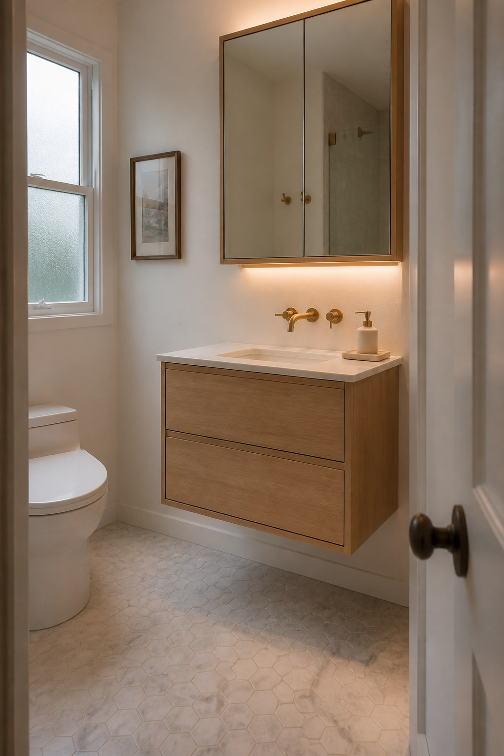 The visual trick of a floating vanity is simple: the floor runs uninterrupted beneath it, and the eye reads the full width of the room rather than stopping at cabinet legs.