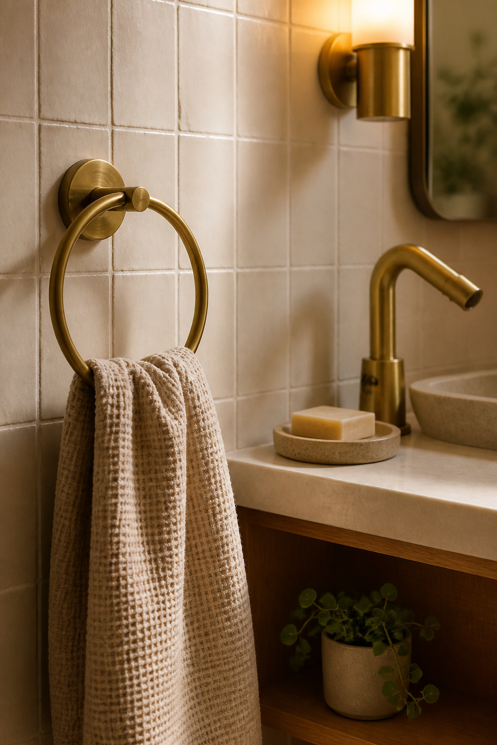 Brushed brass diffuses light with a warmer, lower-contrast glow than chrome — paired with matte black accents, it creates a layered, collected hardware palette without matching-set uniformity.