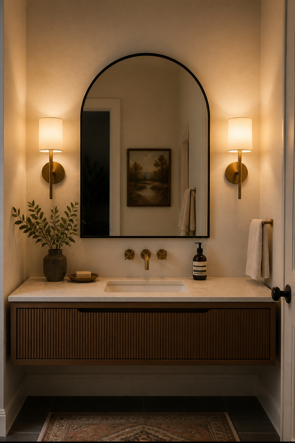 Side-mounted sconces at eye level flanking the mirror produce the same crosslight used in professional grooming environments — it eliminates facial shadows that overhead lighting always creates.