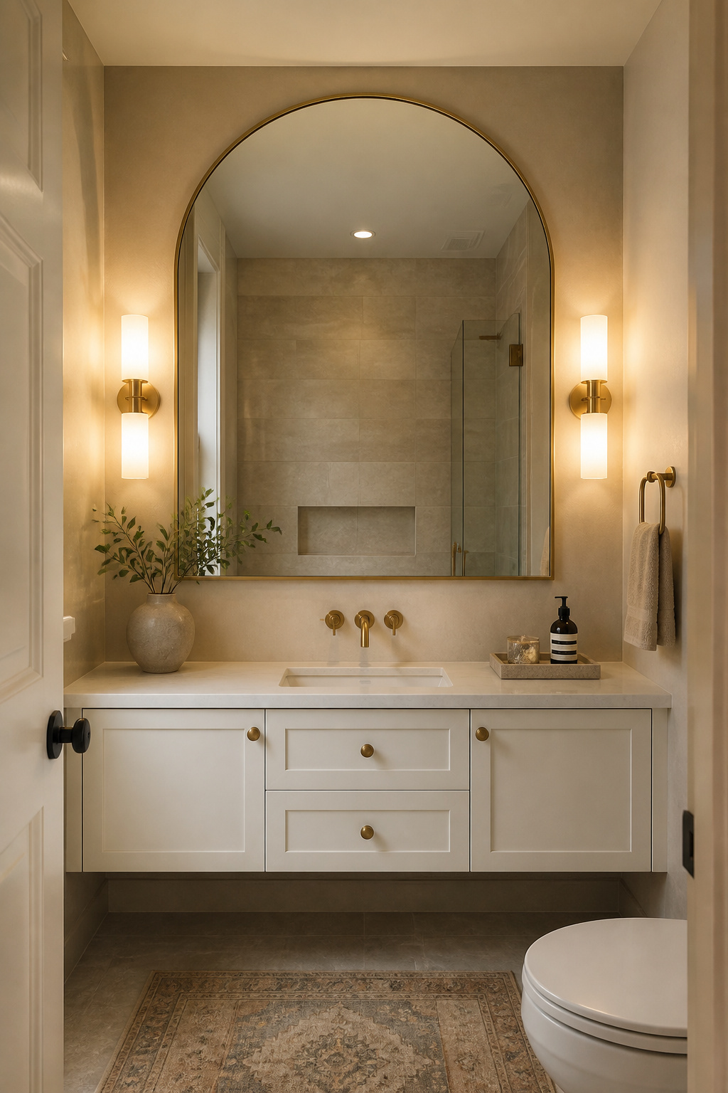 An oversized arched mirror reflects the entire opposite wall, doubling the perceived depth of the room — in a small bathroom, going larger than feels immediately comfortable is almost always correct.