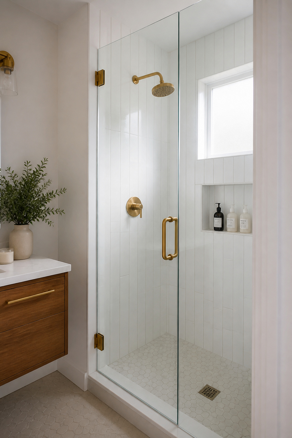 A frameless glass enclosure removes the aluminium channels that segment a small bathroom visually — the shower becomes part of the room rather than an insert within it.
