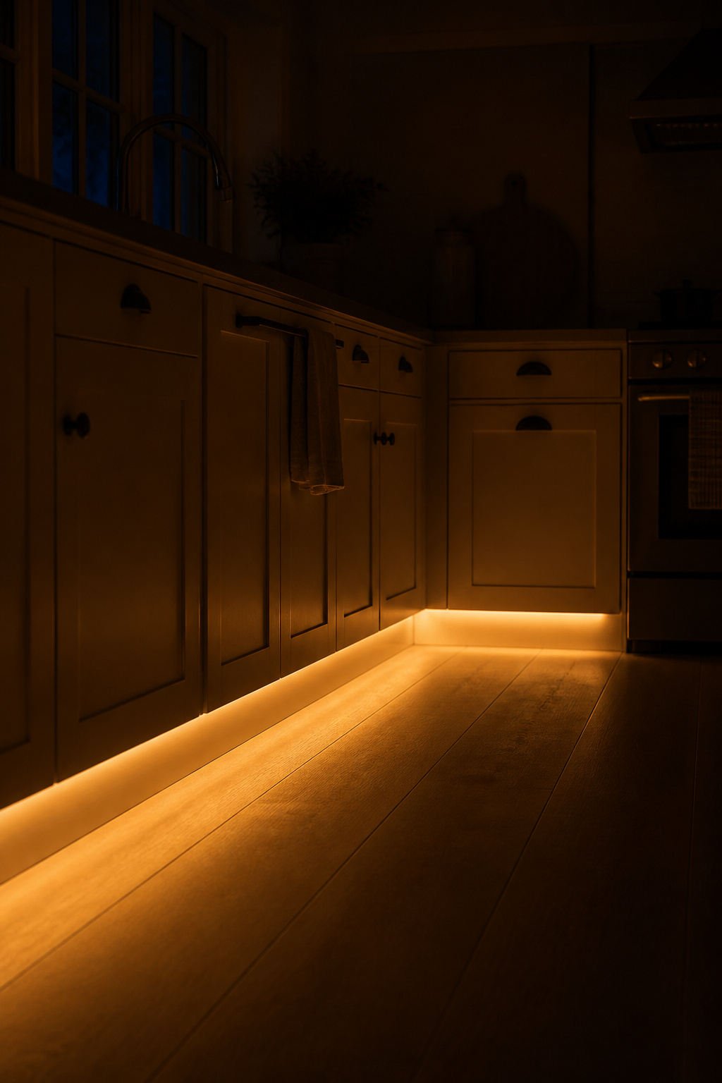 Warm amber toe-kick LEDs illuminate the floor plane at night without activating bright overhead lights — a safety upgrade that also preserves melatonin production for better sleep.