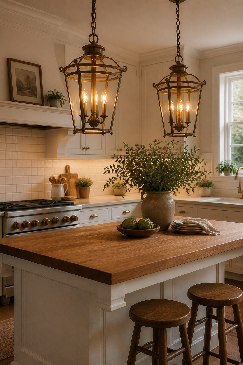 Aged brass lantern pendants bring timeless character to a farmhouse kitchen — and their cross-style versatility makes them one of the safest long-term lighting investments.