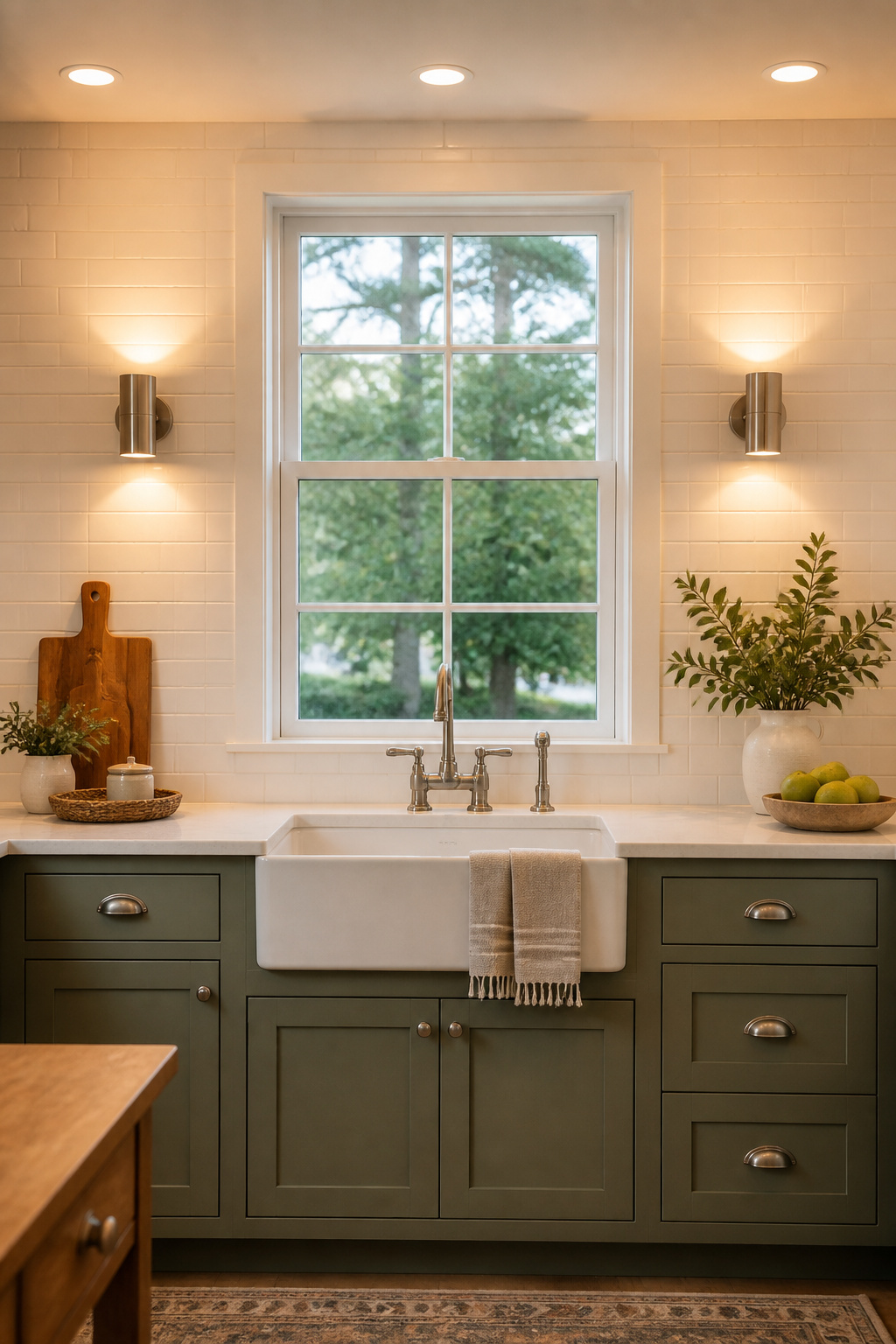 Wall sconces flanking the kitchen window provide mid-level ambient fill that softens the high-contrast overhead-only lighting environment most kitchens are built with.
