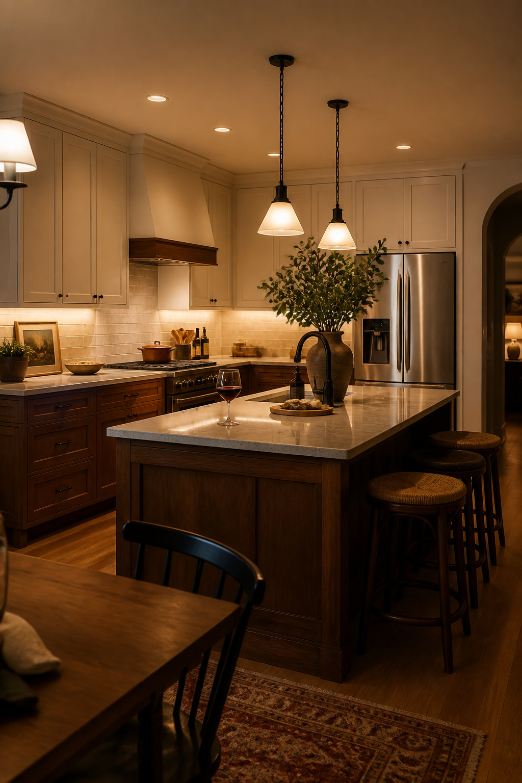 Dimmable layered lighting shifts a kitchen from bright prep mode to relaxed evening ambience — and reduces melatonin-disrupting blue light in the hours before sleep.