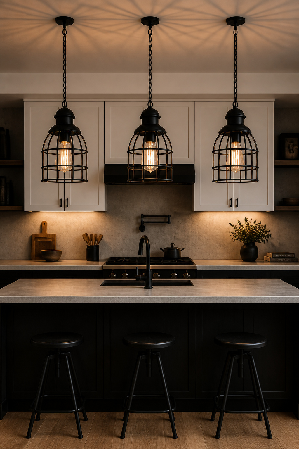 Three matte black cage pendants over a concrete island express industrial design's core appeal — honest materials, visible construction, and directed functional light.