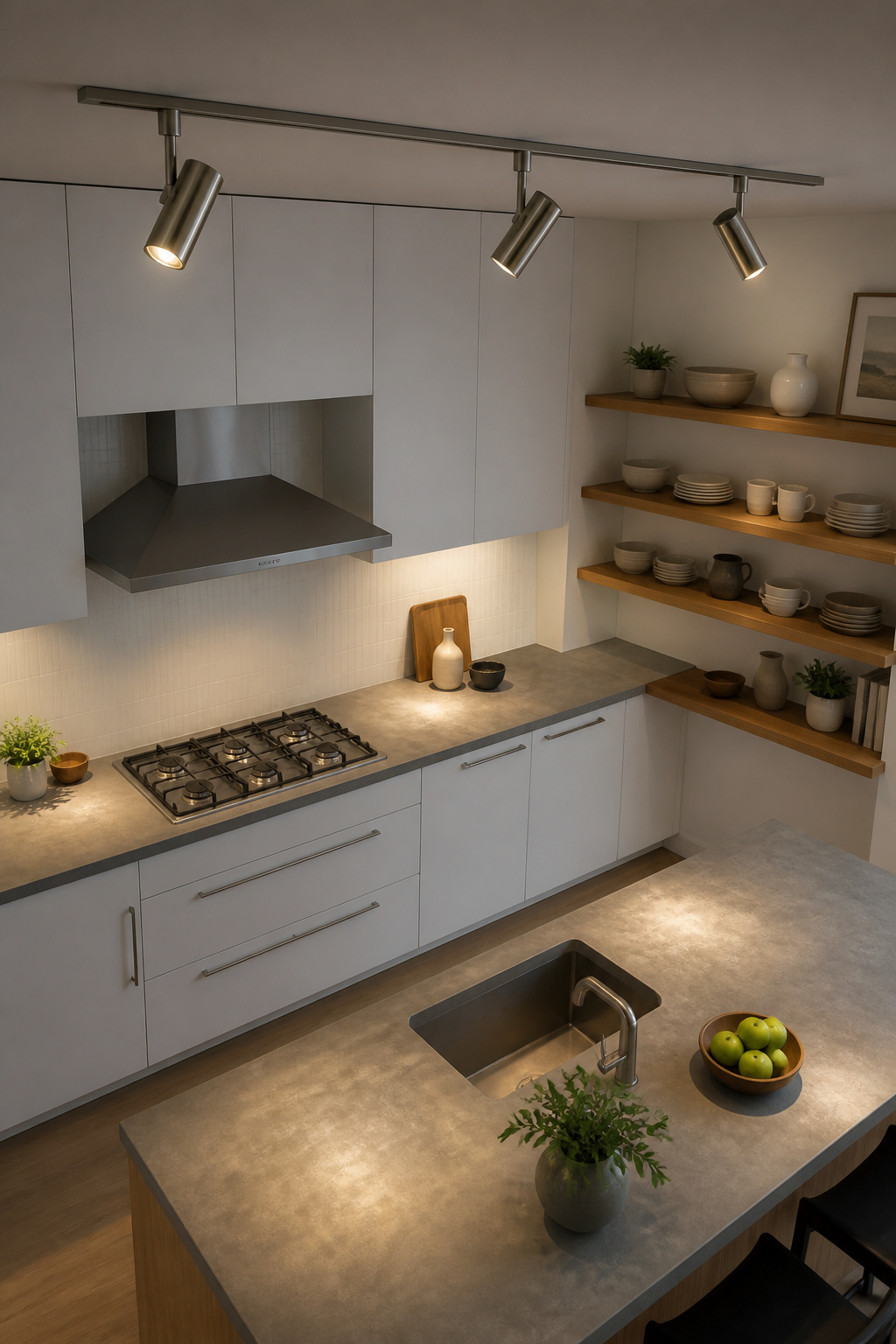 A track system's adjustable heads can be repositioned in minutes — the most flexible kitchen lighting solution for renters, evolving layouts, and kitchens that resist standard planning.