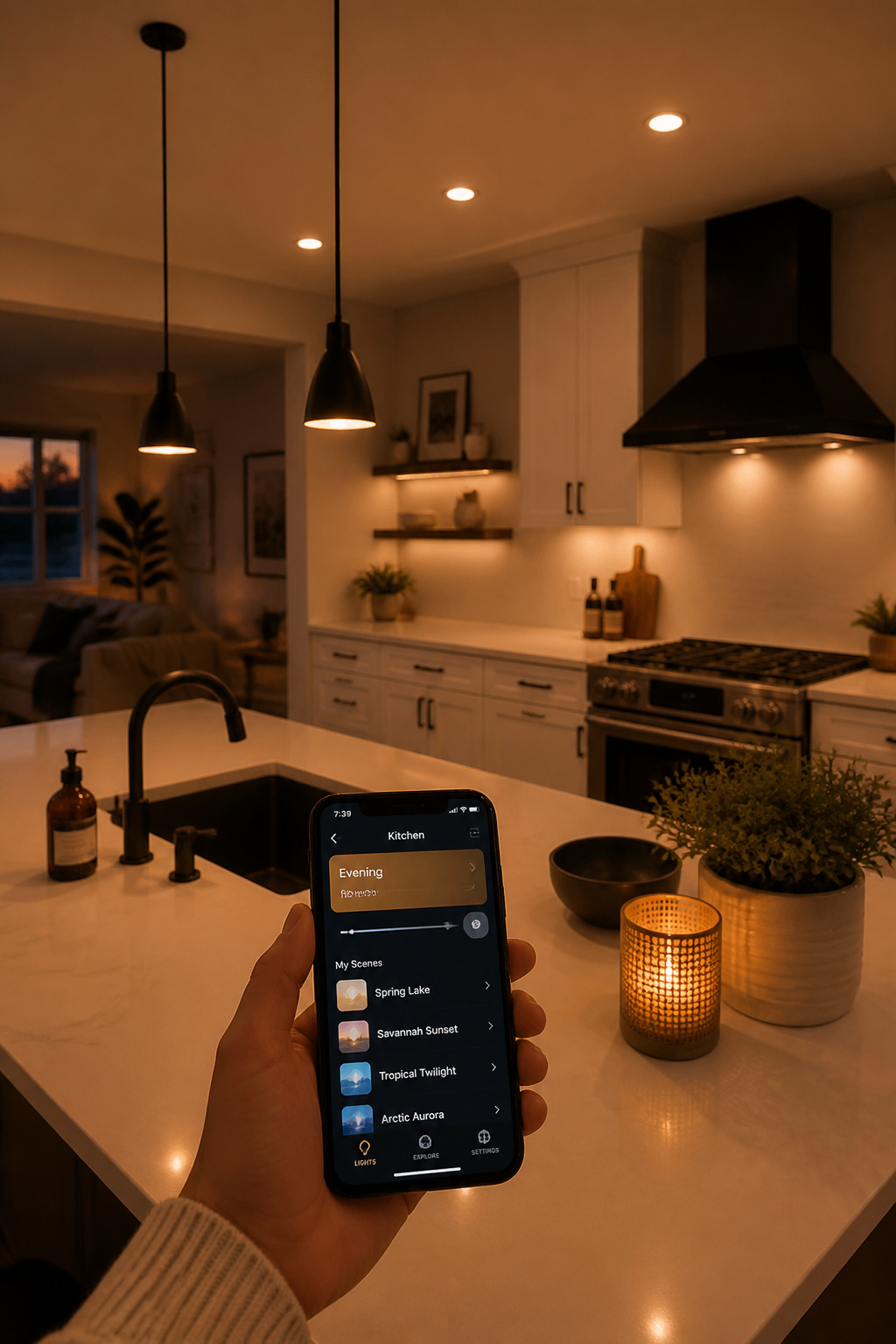 Smart kitchen lighting lets you program scene-based circadian schedules that shift automatically from bright morning mode to warm evening mode — no daily manual adjustment required.