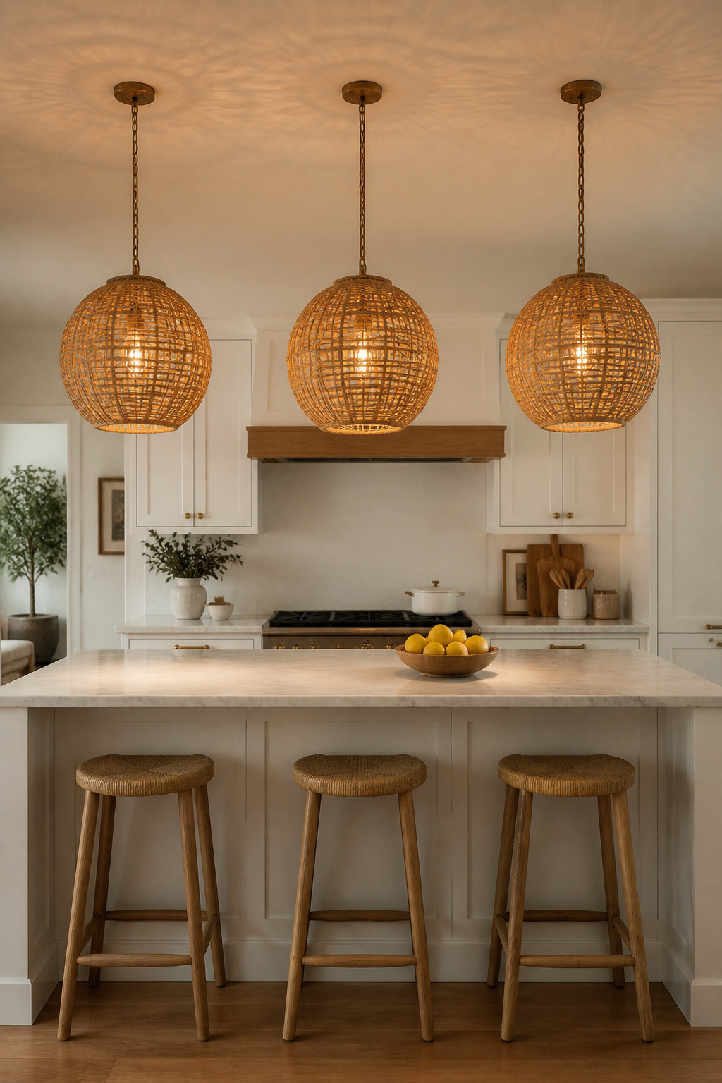 Three rattan pendants, sized proportionally to the island width and hung at 32 inches above the counter, anchor the kitchen visually while providing both task and ambient light.