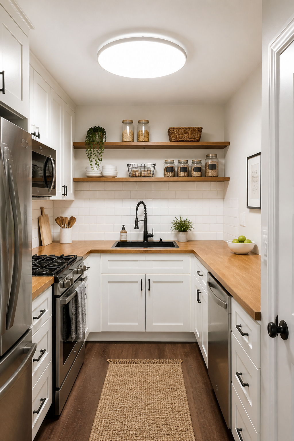 A high-output flush-mount rated at 4,000+ lumens provides the ambient foundation a low-ceiling kitchen needs — style matters less than lumen output when the ceiling height is the constraint.