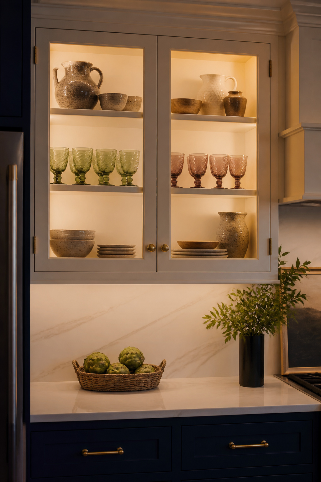 Internal cabinet lighting transforms glass-front cabinets into lit display cases — adding layered depth to the kitchen and providing warm ambient light when overheads are dimmed.