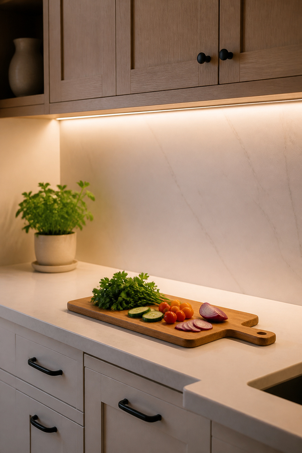 LED strips under the upper cabinets cast even, shadow-free light directly onto the prep zone — the single most effective kitchen lighting upgrade for daily cooking comfort.