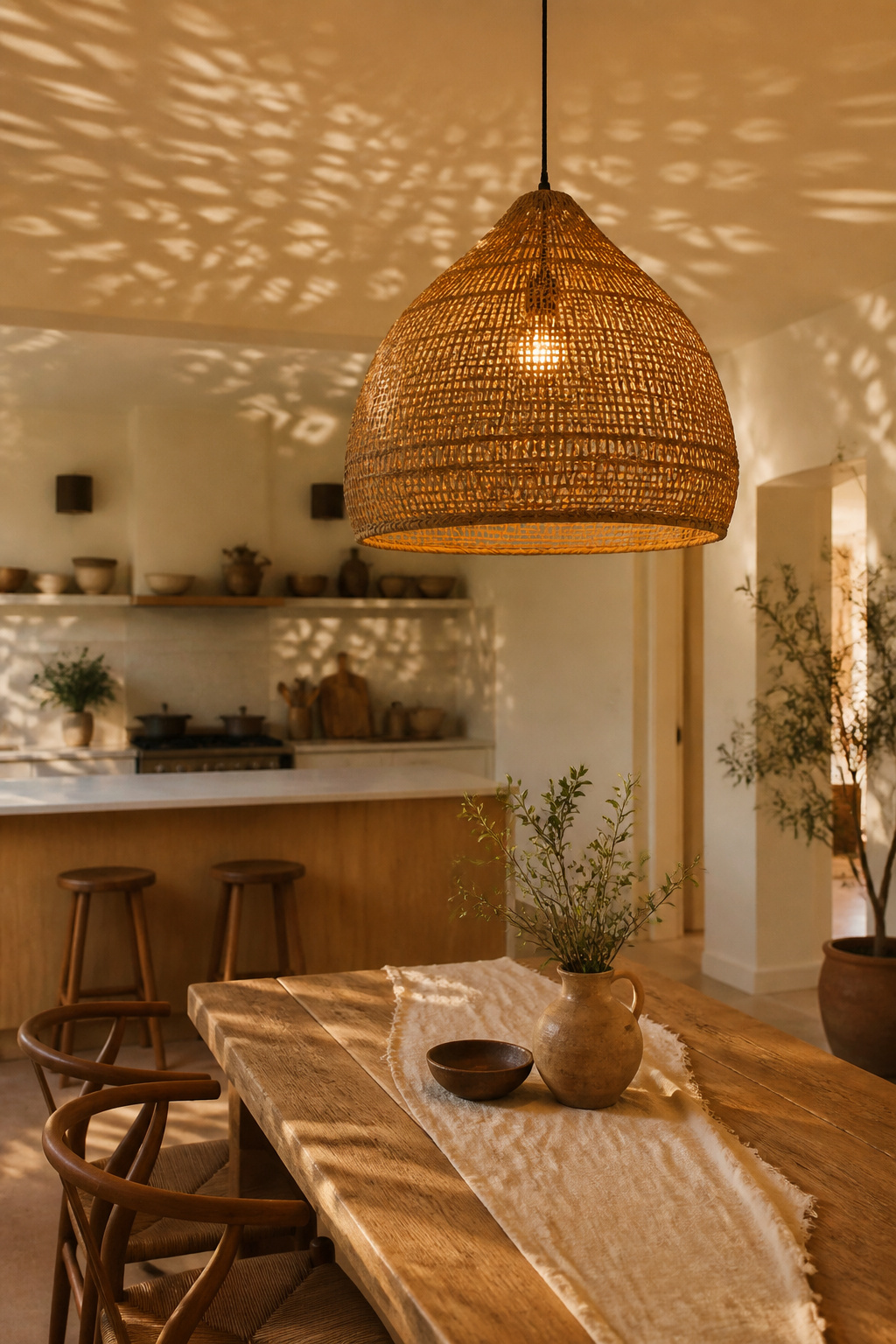 Woven rattan filters light through natural fibers to create organic dappled patterns — the biophilic kitchen lighting choice that no glass or metal fixture can replicate.