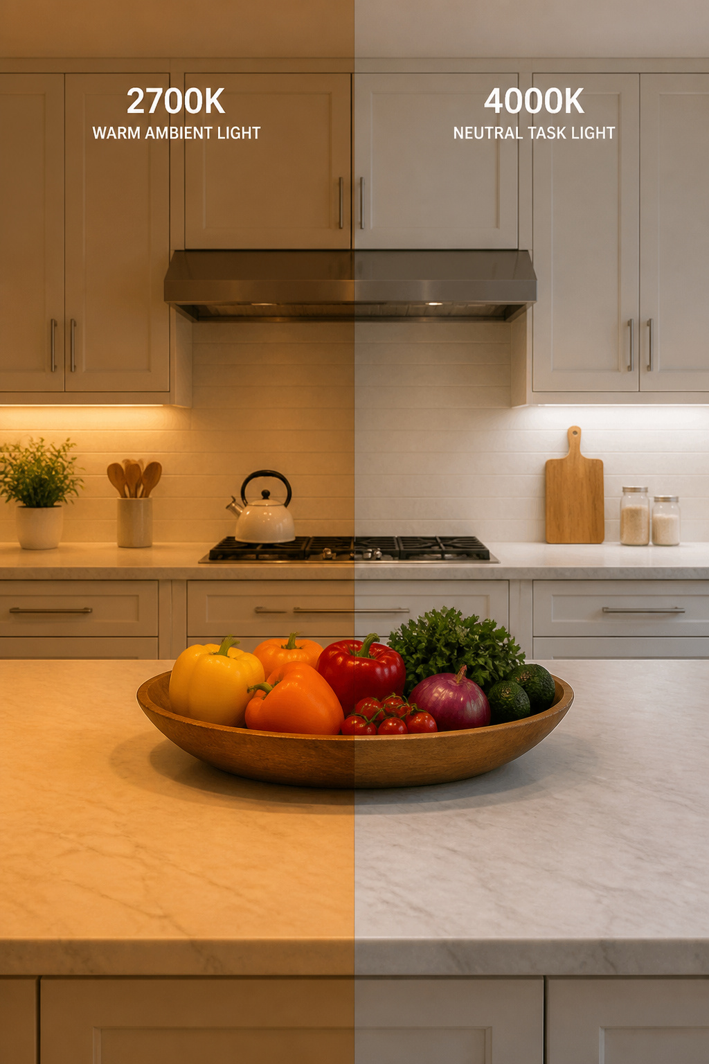 2700K (left) creates warm, cozy ambience but introduces a yellow cast on produce; 4000K (right) shows food colors accurately — the key trade-off in kitchen color temperature selection.